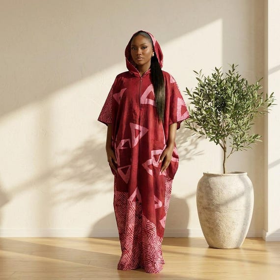 Hand-dyed Adire Kaftan Maxi with Hoodie, Blue and Teal Batik Long Dress, Red and Pink Tie-Dye BuBu, African Fashion