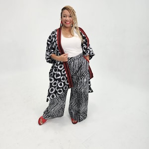 Adire Batik Co-ord Set, African Kimono Jacket & Pants with Aso-Oke Trim