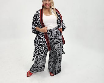 Komplet Adire Batik, afrykański kimono, kurtka i spodnie z wykończeniem Aso-Oke