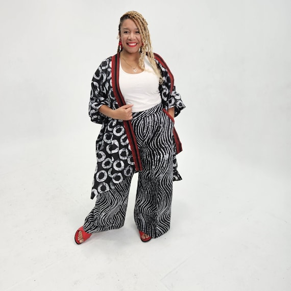 Adire Batik Co-ord Set, African Kimono Jacket & Pants with Aso-Oke Trim
