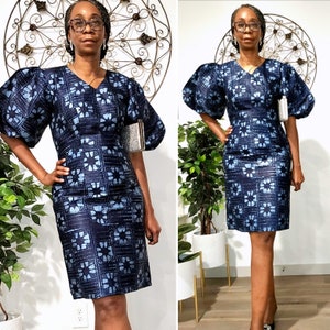 Indigo Adire Sheath Dress,  African Batik Shift Dress, Tie-Dye knee-length dress, Ankara Fashion