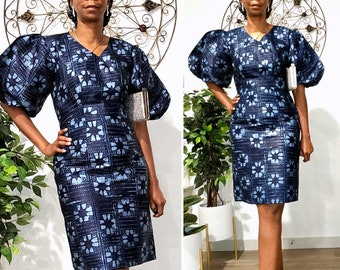 Indigo Adire Sheath Dress,  African Batik Shift Dress, Tie-Dye knee-length dress, Ankara Fashion