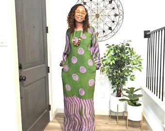 Zielona długa sukienka, Zielono-fioletowa sukienka maxi z batiku, Kaftan z krepy Adire, Eleganckie boubou, Strój ślubny, Moda afrykańska