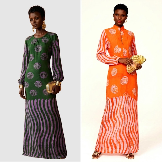 Orange and pink long dress, Green and Purple Batik maxi, Adire kaftan, elegant boubou, African Fashion