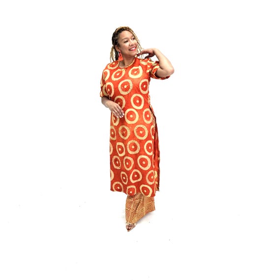 Adire Batik Orange Pant Set, Beaded African Co-ord Set, Long Top and matching trousers