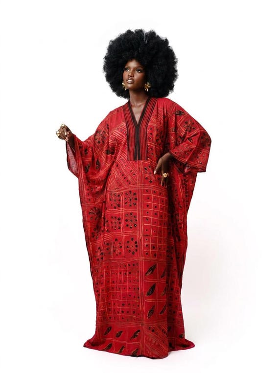 Hand-Dyed Adire Maxi Kaftan, Ruby Red Adire Kaftan, Yoruba Batik Ankle Length Dress, Afrocentric One Size Long Dress, African Dress