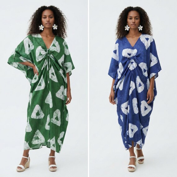 Handmade Cotton Kaftan Maxi Dress, Adire African Batik Boho, Drawstring Bubu, Parachute style, Afrocentric Fashion