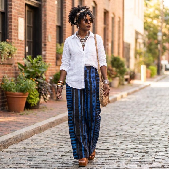 Blue and Black Cotton Palazzo Pants, Adire Batik Tie Dye Trousers, Boho Afrocentric Textile Art