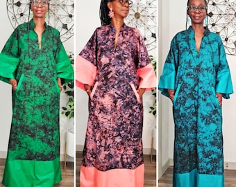 Sukienka maxi z bawełny barwionej metodą tie-dye, ręcznie robiony afrykański batik Adire, boho chic, afrykański bubou