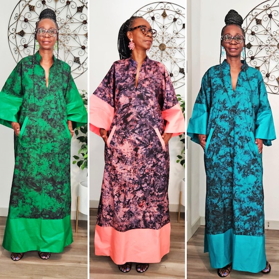 Green Pink Blue Kaftan Maxi Dress Tie-Dye Boho,  Long Comfy Cotton Formal Dress, Handmade African Adire Dress Gift, Batik Long Dress