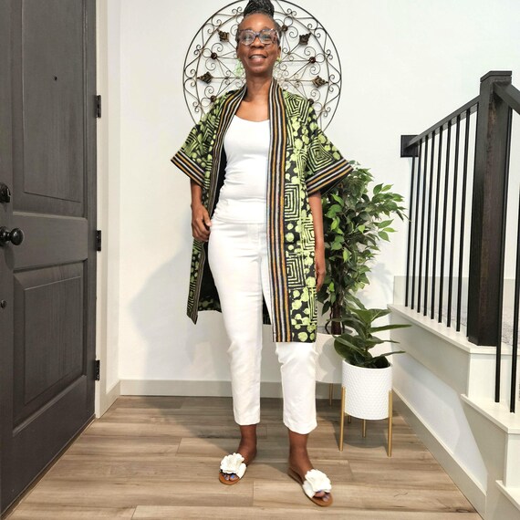 African Adire Duster Coat, Batik Tie Dye Kimono Jacket