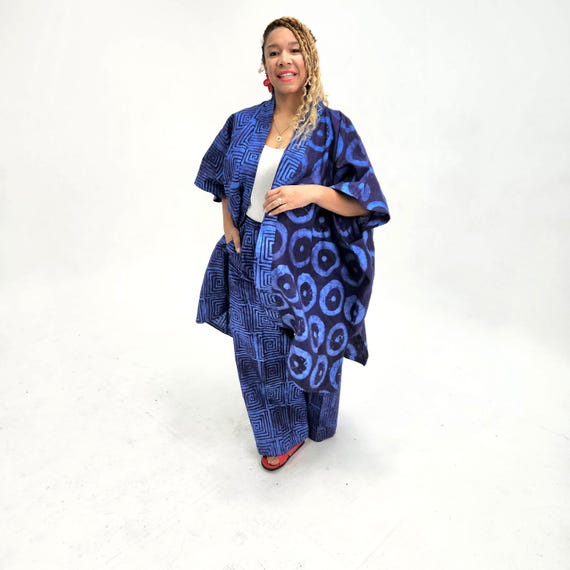 Adire Batik Co-ord Set: Navy Blue African Kimono & Trousers, Ankara Pantset