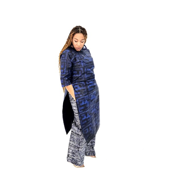 Adire Navy Blue and White Batik Pant Set, Co-ord Set, Tie Dye Kaftan and Trousers, African Fashion, Ankara Long Blouse
