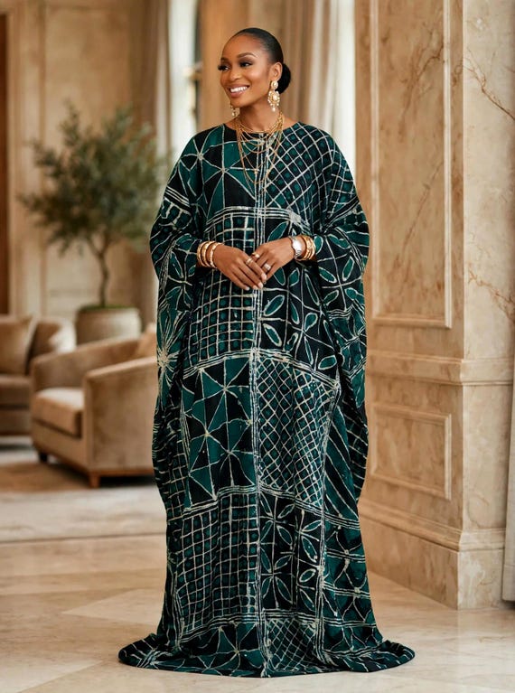 Hand-Dyed Teal Adire Maxi Kaftan, Yoruba Batik Dress, One Size Long Dress, African BuBu, One Size BouBou, Green Maxi Dress, Long Kaftan