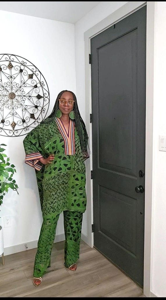 Adire Batik Pant Set with aso-oke trim, Green Tie-Dye long top and bottom, African Batik blouse and trouser set, African Ankara Fashion