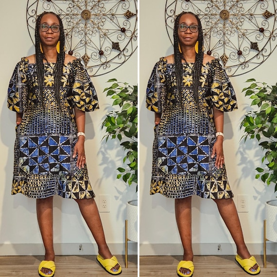 Tiered summer dress. Boho Chic dress. Cotton comfy dress. Off-the-shoulder dress with pockets. African Ankara Dress. Adire dress