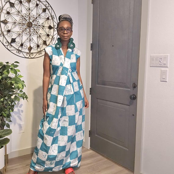 Teal and White Adire Maxi Dress with twist-front detail. Boho handdyed sleeveless Kaftan. Long casual dress. African Fashion. Ankara Styles.