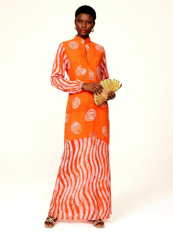 Orange and pink long dress, Hand-dyed Crepe Batik maxi, Adire kaftan, elegant boubou, African Fashion