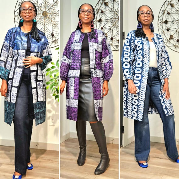 African Adire Duster Jacket: Blue Batik Kimono, Nigerian Tie Dye
