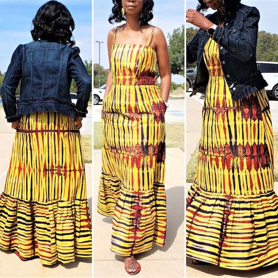 Tie Dye Yellow Maxi Dress. Long Boho dress. Spaghetti Straps. Ankle length Summer Dress. Adire full length dress. Ankara African dress.
