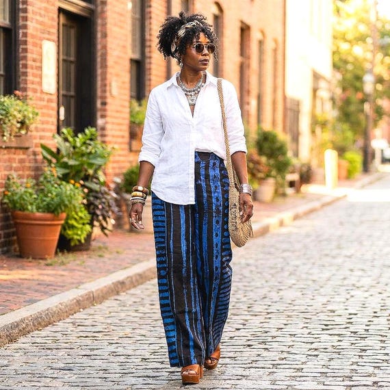 Blue and Black Cotton Palazzo Pants, Adire Batik Tie Dye Trousers, Boho Afrocentric Textile Art