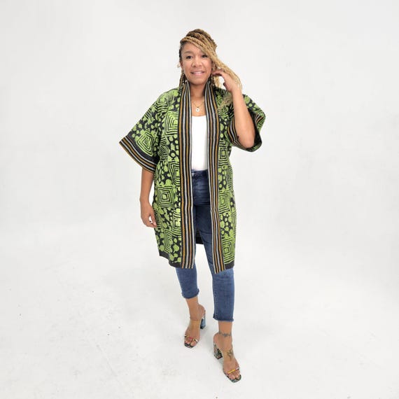 African Adire Duster Coat, Red Batik Tie Dye Kimono, Purple Knee Length Jacket, Midi Green Duster, Women's Duster Jacket, African Print