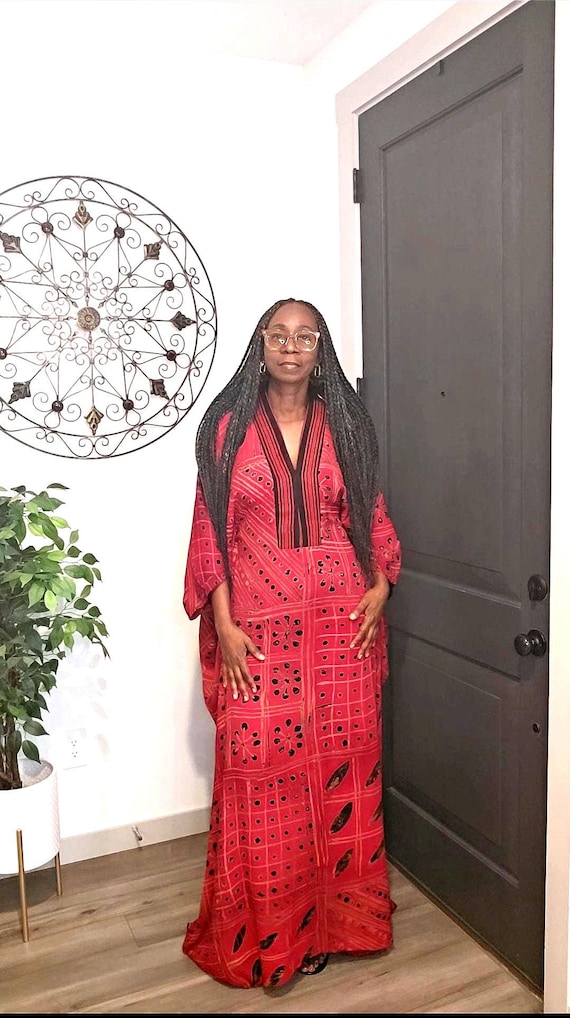 Hand-Dyed Adire Maxi Kaftan, Ruby Red Adire Kaftan, Yoruba Batik Ankle Length Dress, Afrocentric One Size Long Dress, African Dress