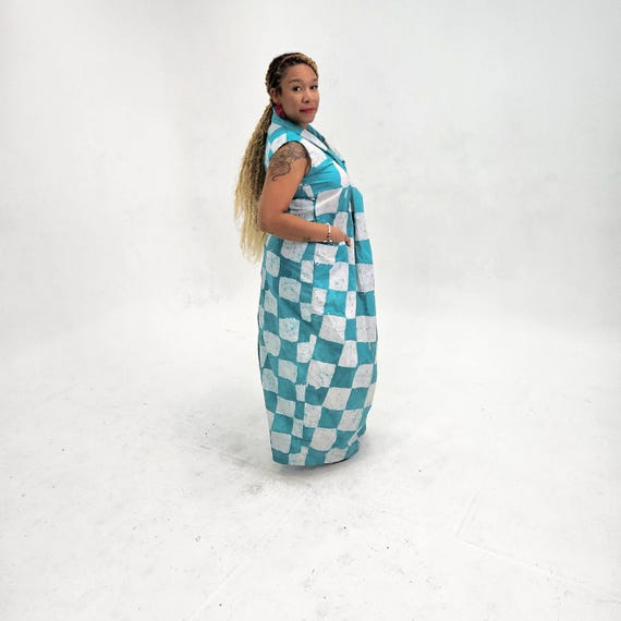 Teal and White Adire Maxi Dress with twist-front detail. Boho handdyed sleeveless Kaftan. Long casual dress. African Fashion. Ankara Styles.