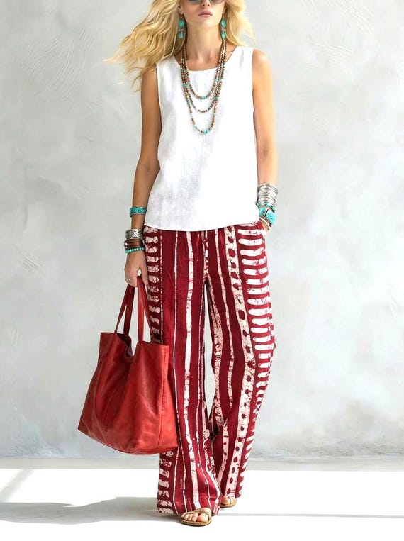 Red White Cotton Palazzo Pants, Boho Chic Adire Batik Textile Art
