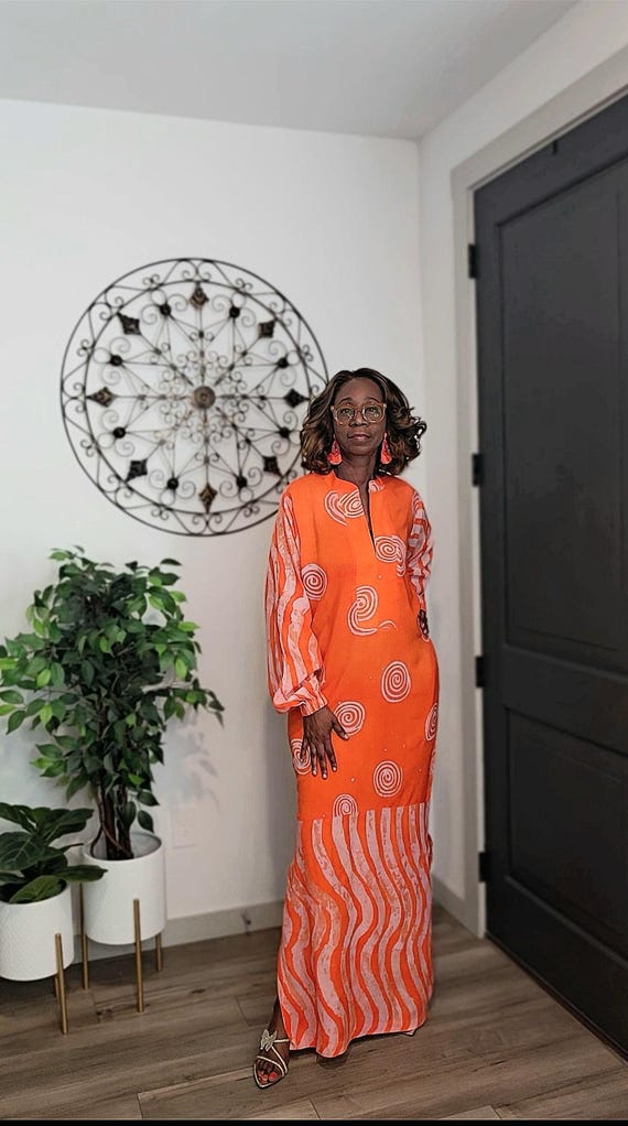 Orange and pink long dress, Batik maxi, Adire kaftan, elegant bubu, African Fashion