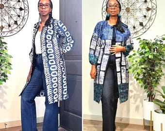 Afrykańska kurtka Adire: niebieskie kimono batikowe, zielony nigeryjski fartuch tie-dye