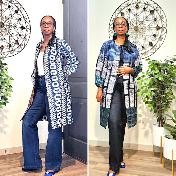 African Adire Jacket: Blue Batik Kimono, Green Nigerian Tie Dye Duster