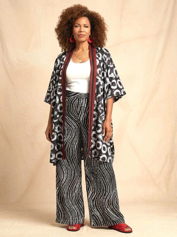Adire Batik Co-ord Set, African Kimono Jacket & Pants with Aso-Oke Trim