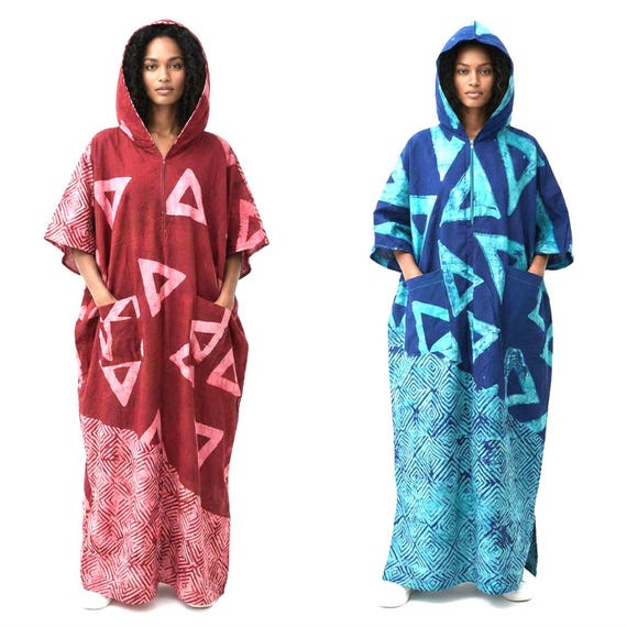Hand-dyed Adire Kaftan Maxi with Hoodie, Blue and Teal Batik Long Dress, Red and Pink Tie-Dye BuBu, African Fashion