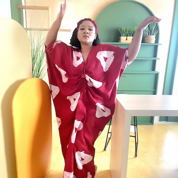 Casual Kaftan Maxi Dress Adire Boho, Long Comfy Cotton Summer Dress, Handmade Flowing African Batik Dress Gift