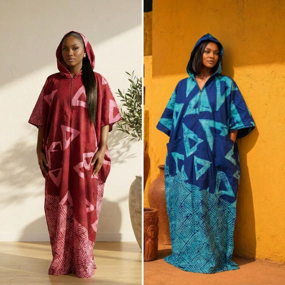Hand-dyed Adire Kaftan Maxi with Hoodie, Blue and Teal Batik Long Dress, Red and Pink Tie-Dye BuBu, African Fashion