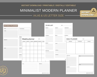 Modern Planner Bundle Daily Weekly Printable | Digital Planner | Instant Download Planner Insert Daily Planner pages | A4 A5 US letter size