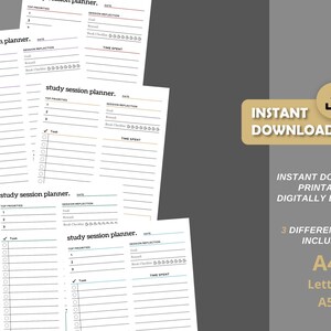 May include: Four printable study session planner pages in different sizes: A4, Letter, and A5. Each page features a section for top priorities, tasks, session reflection, and time spent. The pages are designed with a minimalist aesthetic and include checkboxes and lines for organization.