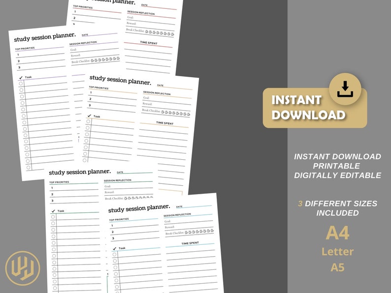 May include: Four printable study session planner pages in different sizes: A4, Letter, and A5. Each page features a section for top priorities, tasks, session reflection, and time spent. The pages are designed with a minimalist aesthetic and include checkboxes and lines for organization.