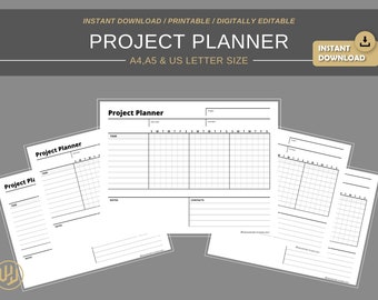 Puede incluir: Tres plantillas de planificador de proyectos imprimibles en diferentes tamaños: A4, A5 y US Letter. Cada plantilla incluye una lista de tareas, una sección de notas y una cuadrícula de calendario semanal.