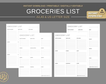 Grocery List Planner | Digital Planner | Instant Download Planner Insert Daily Planner pages | A4 A5 US letter size PDF