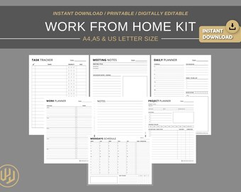 May include: A collection of printable, digitally editable work-from-home kit templates. The templates include a task tracker, meeting notes, daily planner, work planner, notes, project planner, and a weekdays schedule. The text "WORK FROM HOME KIT" is displayed.