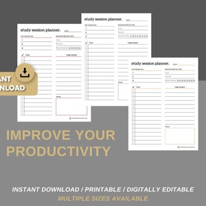 May include: Two printable study session planner pages with a black and white design. The pages include sections for top priorities, session reflection, time spent, and notes. The text "study session planner" is at the top of each page.