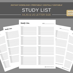 Weekly study list for students | Digital study Planner | Instant Download Planner Insert Daily Planner pages | A4 A5 US letter size PDF