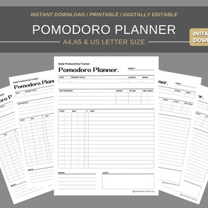 May include: Printable Pomodoro Planner in A4, A5, and US Letter sizes. The planner includes a daily productivity tracker, a Pomodoro plan, and a section for notes. The planner is black and white and has a minimalist design.