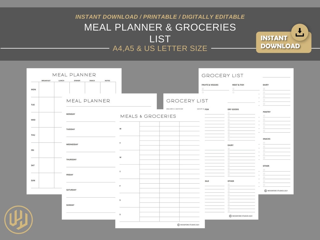 Meal Planner Grocery List Printable Digital Planner Instant Download ...