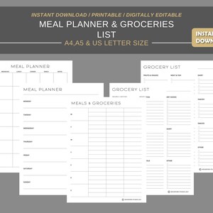 Meal Planner Grocery List  Printable | Digital Planner | Instant Download Planner Insert Daily Planner pages | A4 A5 US letter size PDF