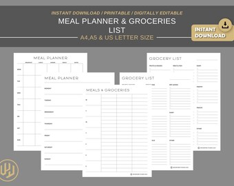 Meal Planner Grocery List  Printable | Digital Planner | Instant Download Planner Insert Daily Planner pages | A4 A5 US letter size PDF