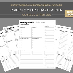 Priority Matrix Day Printable Planner | Digital Planner | Instant Download Planner Insert Daily Planner pages | A4 A5 US letter size PDF