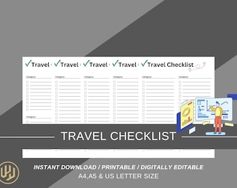 Editable Travel Packing List, Travel Checklist Printable, Travel Planner, Travel Organizer, Travel Vacation Planner, Packing List